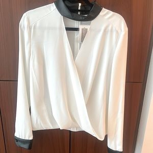 Intermix White Wrap Blouse with Leather Collar and cuff